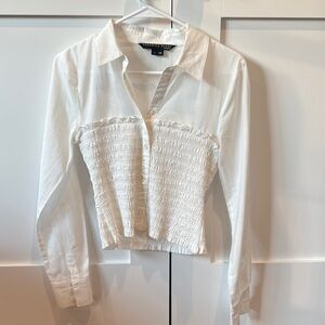 Veronica Beard White Smocked Notched Collar Blouse